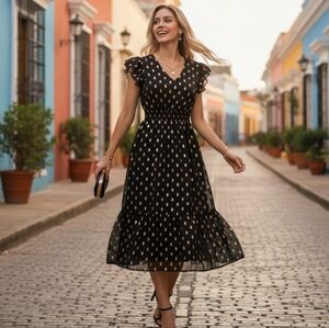 Grace Karin Gold And Black Polka Dot Dress - New With Tags - Size XL